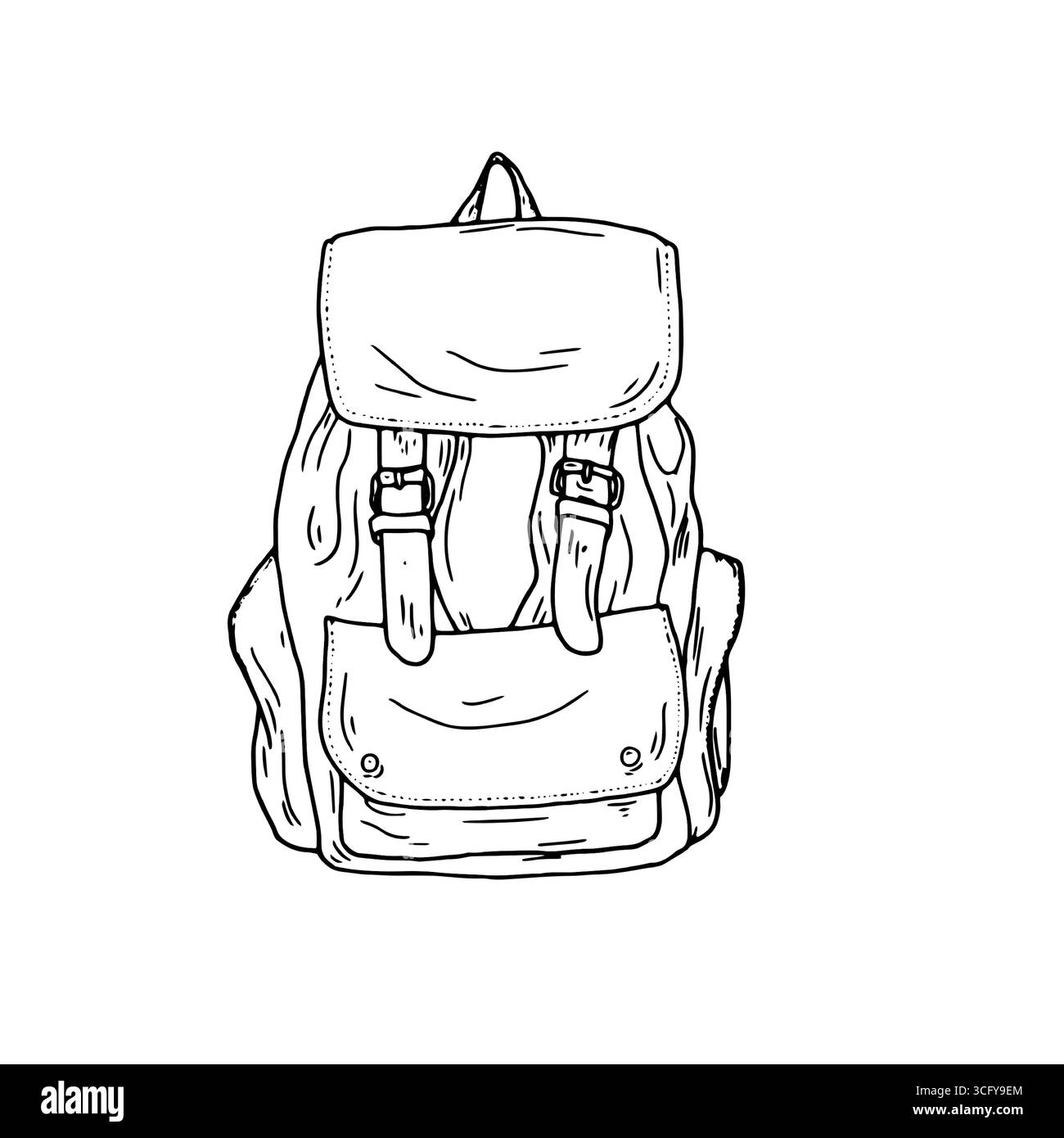 Sac à dos pour l'école et le camping, croquis à l'encre noire et blanche. Illustration vectorielle. Le sac est un sac, isolé sur un fond blanc. Pour les étudiants, scho Illustration de Vecteur