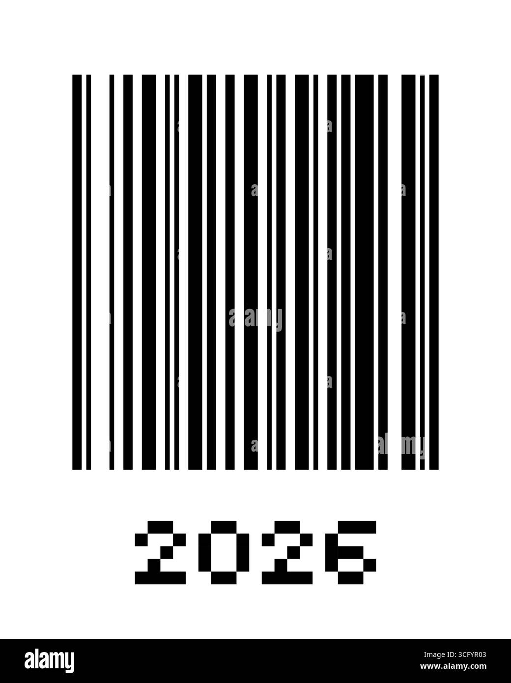 Voeux futuriste des fêtes 2026 avec QR et typographie inspirée par code-barres. Conception de célébration numérique moderne pour carte de voeux, affiche, invitation saisonnière, bannière de fête ou vecteur de vacances de technologie. Illustration de Vecteur
