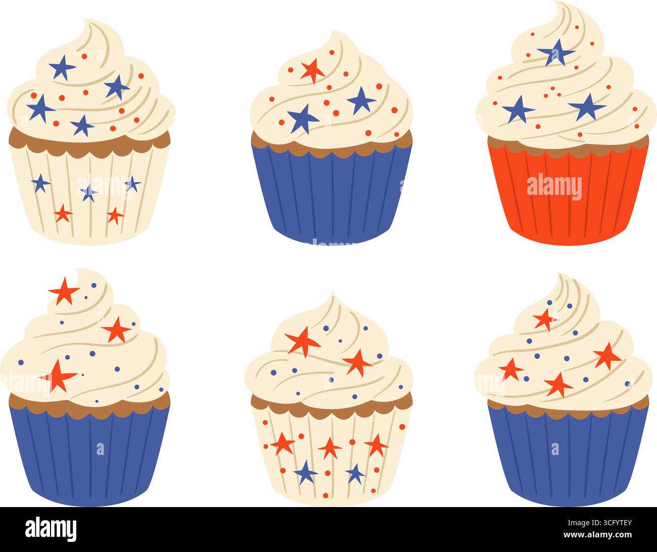 Ensemble de cupcakes patriotiques festifs décorés de glaçage crémeux, de saupoudres d'étoiles rouges et bleues et de tasses rayées aux couleurs du drapeau américain, symbole d'Independe Illustration de Vecteur