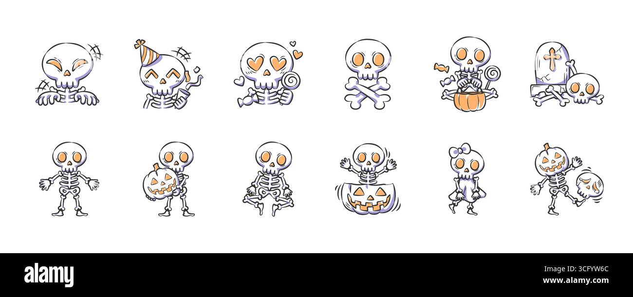 Ensemble d'illustration de personnage squelette mignon et effrayant d'halloween. Icône dessinée à la main . Vecteur . Illustration de Vecteur