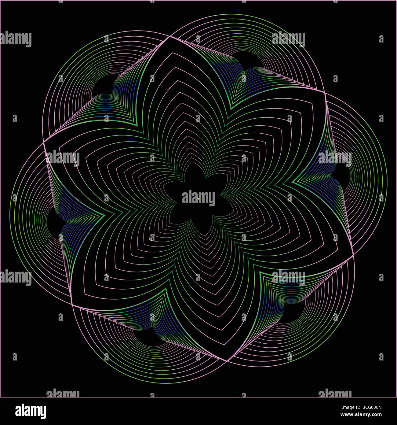 Mandala floral géométrique complexe avec des lignes tourbillonnantes et des couleurs vibrantes, créant une illusion d'optique fascinante Illustration de Vecteur
