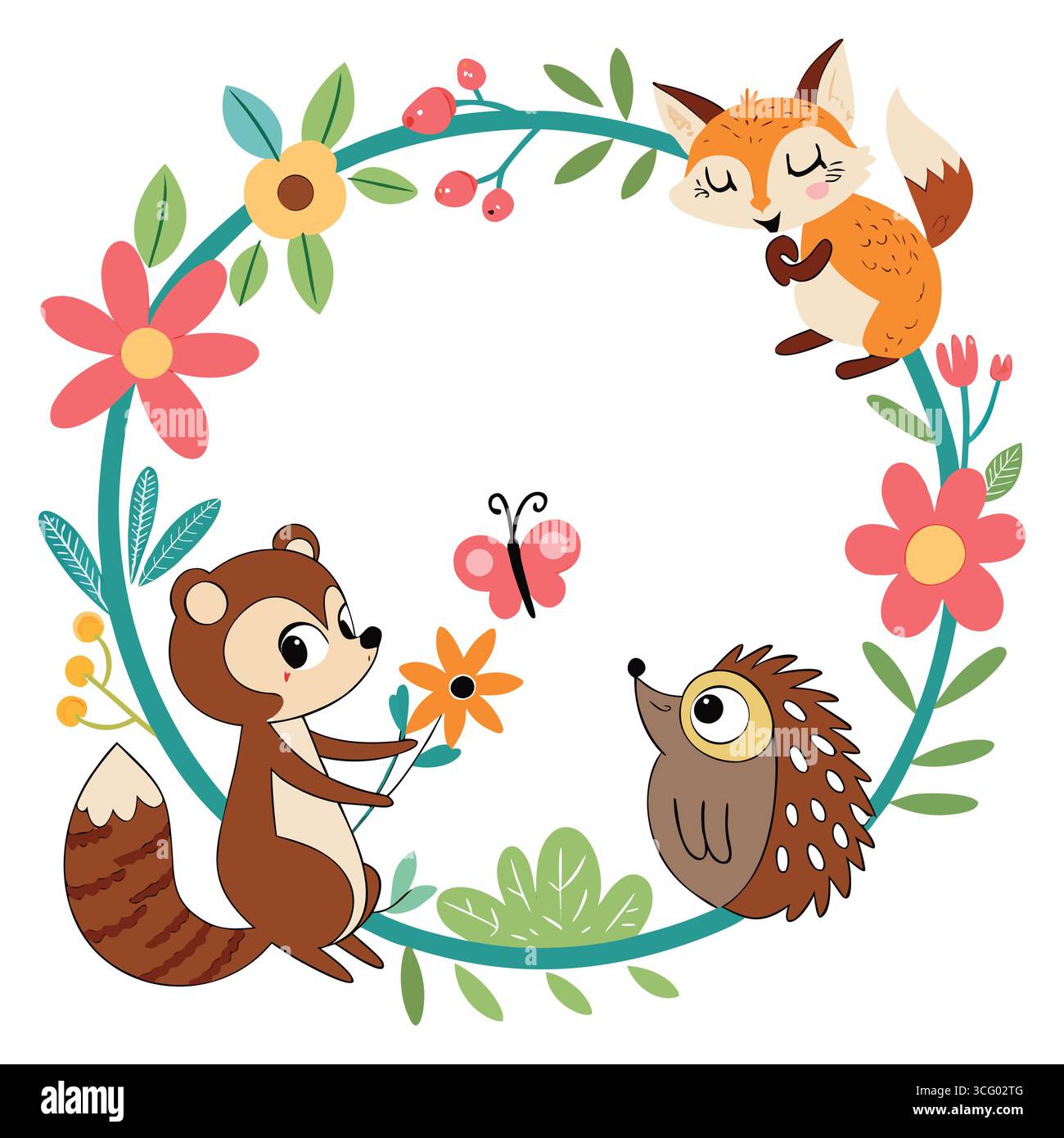 Animaux mignons des bois avec des fleurs et des papillons illustration de dessin animé Illustration de Vecteur