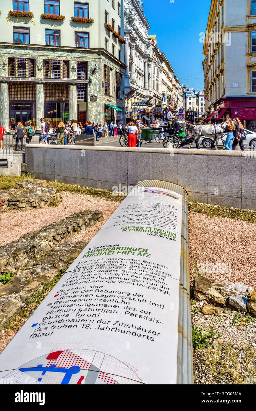 Anglais / Allemand panneau d'affichage dans les fondations creusées de siècles précédents dans la Michaelerplatz, Vienne, Autriche. Banque D'Images