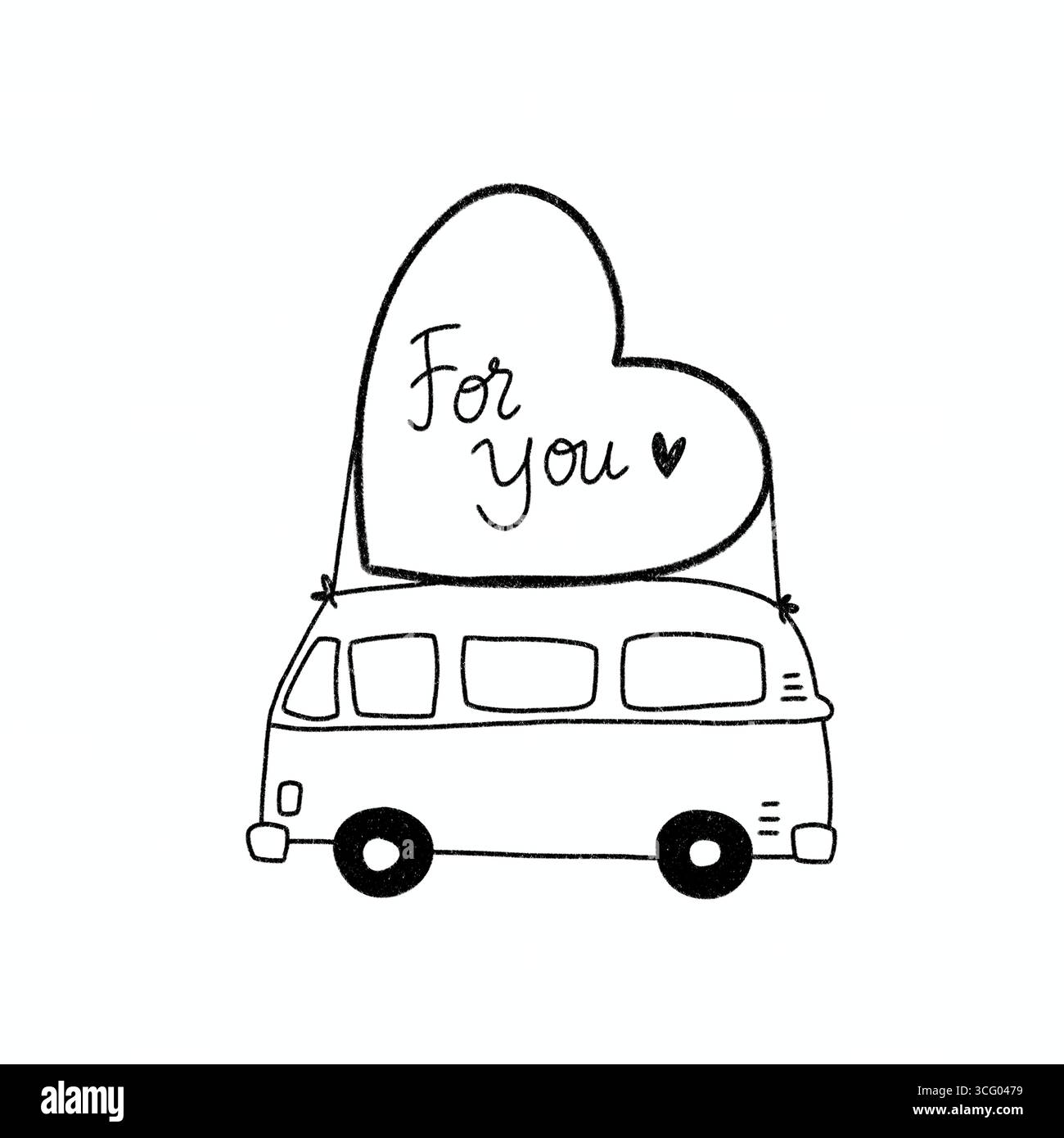 illustration romantique de dessin animé mettant en vedette un van vintage sur un road trip sur le thème de l'amour Banque D'Images