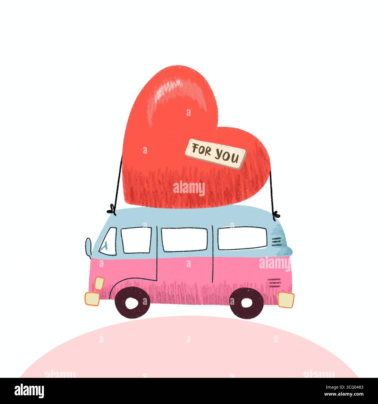 Une illustration de bande dessinée romantique un van vintage sur un voyage sur le thème de l'amour de la route Banque D'Images