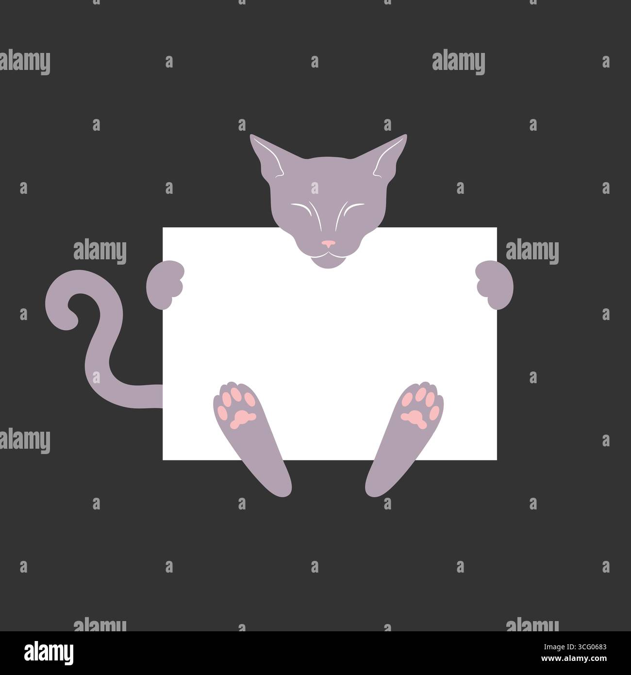 Mince chat gris tient une bannière de papier vierge avec un espace vide pour le texte. Illustration vectorielle Illustration de Vecteur
