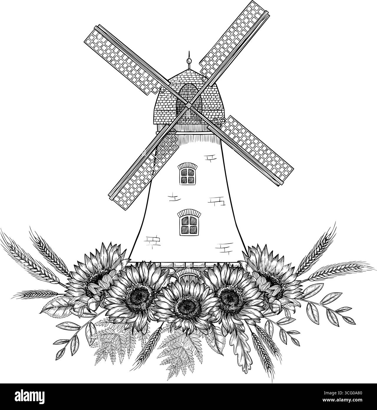 Moulin à vent de vecteur avec tournesols et blé. Illustration linéaire de moulin à vent vintage avec des fleurs d'automne et épi. Dessin de contour du bâtiment rustique avec des plantes d'automne pour la carte de voeux de récolte. Illustration de Vecteur