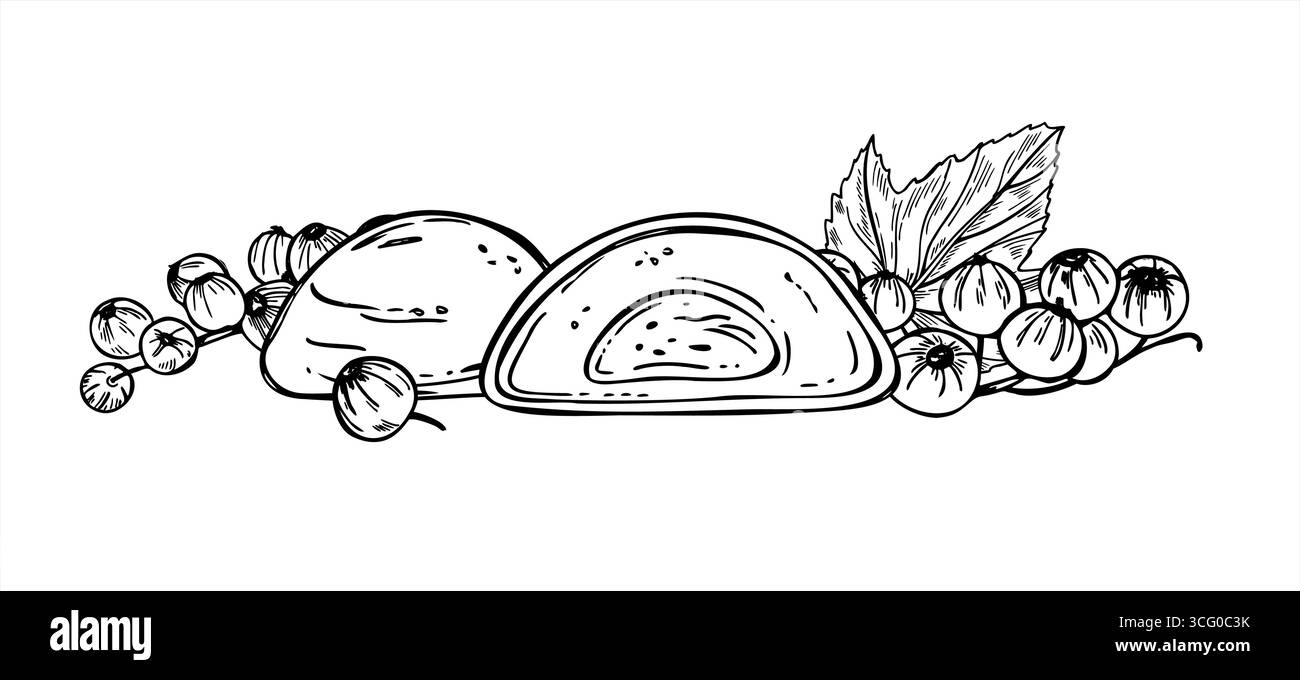Illustration vectorielle de wagashi japonais monochrome dessinée à la main. Mochi moitié et entier, dessin de gravure de baies. Dessert sucré Illustration de Vecteur
