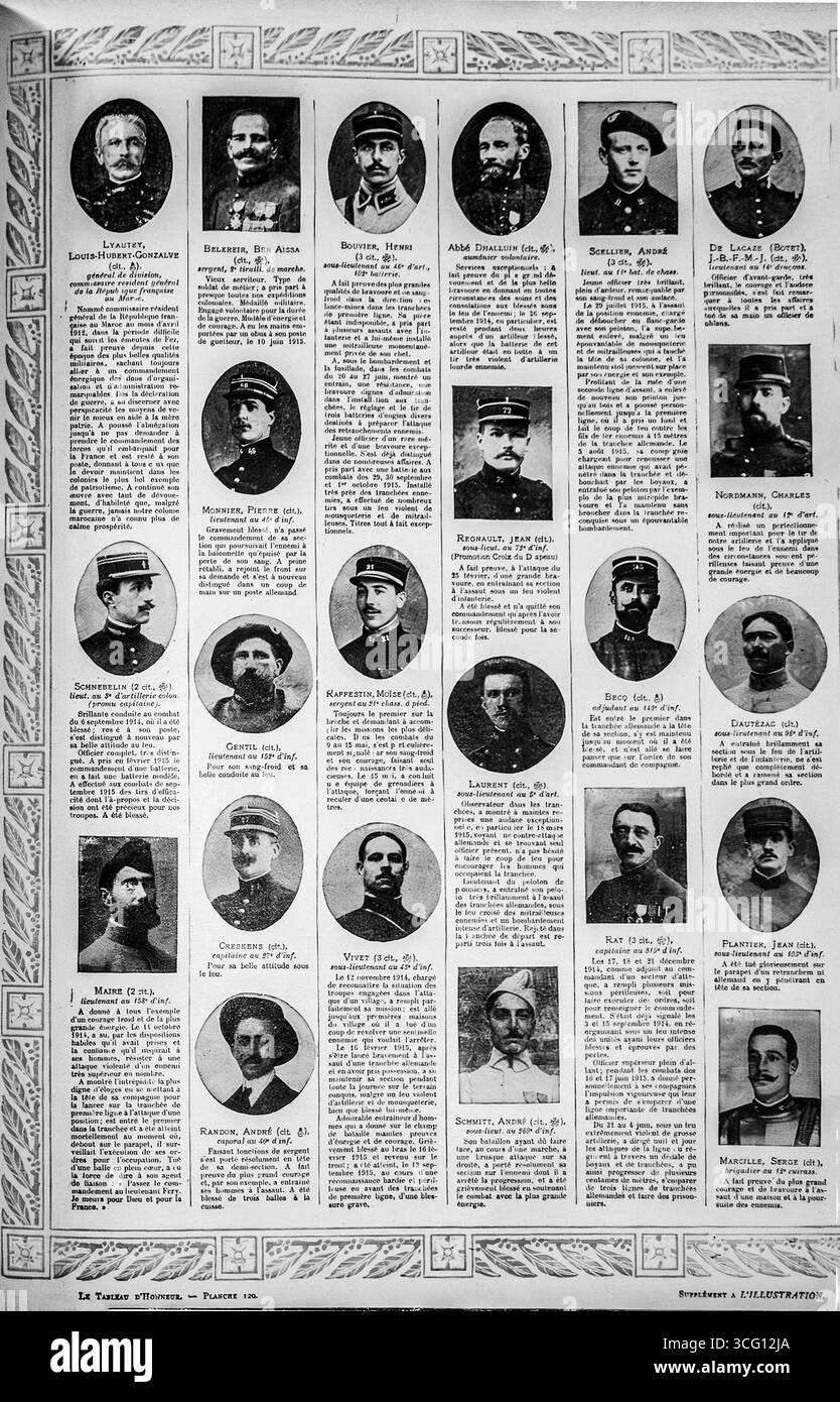 Page tirée du magazine L’illustration, 1916, montrant le Tableau d’honneur ou Roll of Honour. Ces pages commémoratives présentaient des portraits et des biographies d'officiers, de soldats et de volontaires alliés français qui se sont distingués pendant la première Guerre mondiale, souvent à titre posthume. Ils commémorent les actes de bravoure et de sacrifice commis lors des batailles de 1916, notamment à Verdun et dans la somme, et servent à la fois de souvenir et d'inspiration patriotique. Banque D'Images