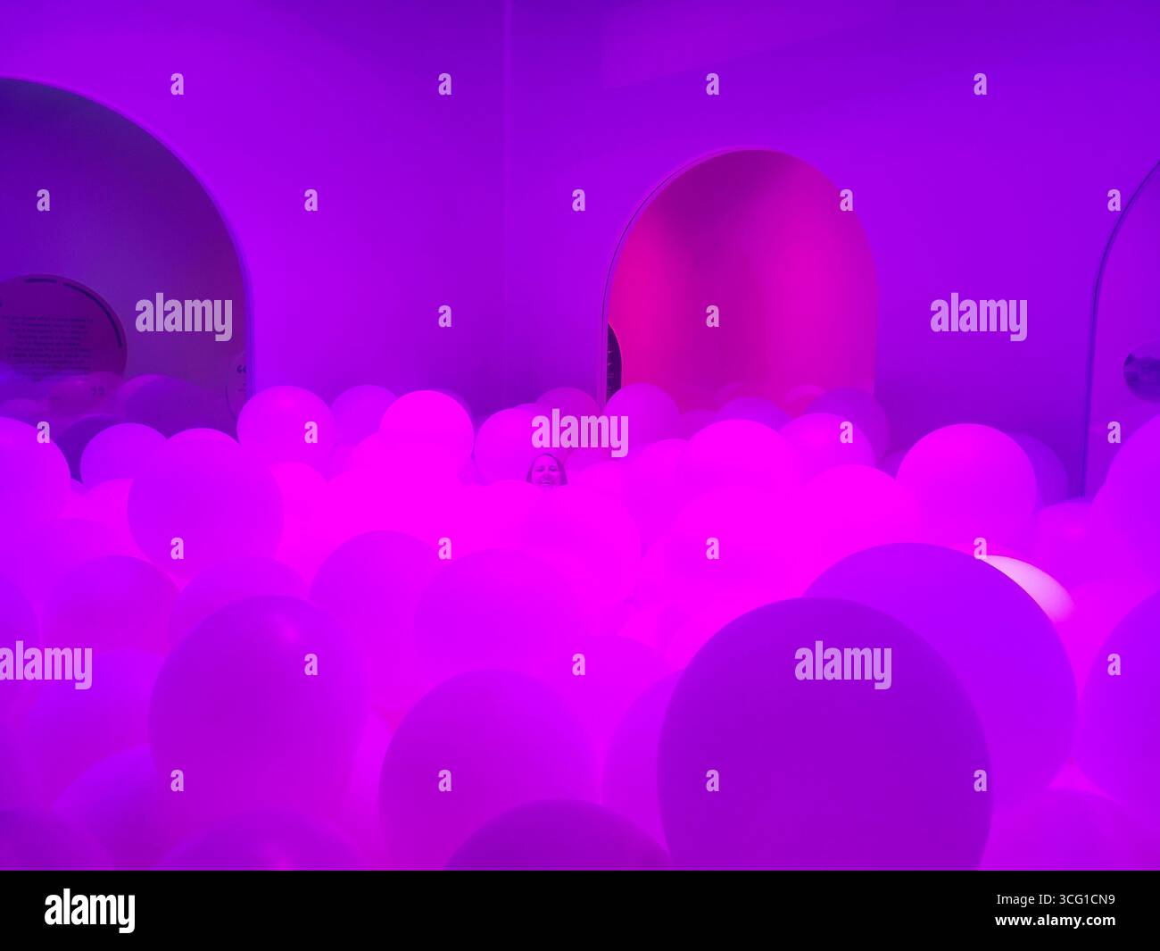 Un superbe affichage de ballons roses créant une atmosphère enchanteresse, illuminé par un éclairage violet doux, parfait pour les événements et les célébrations. Banque D'Images
