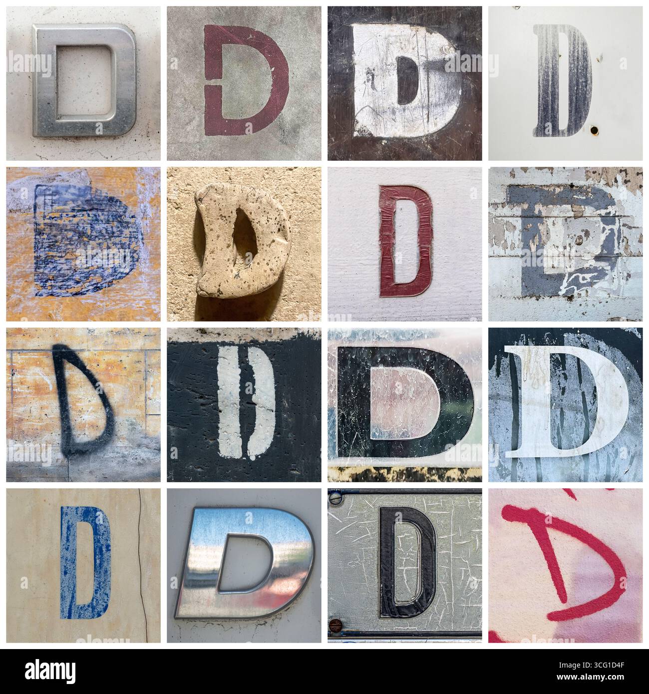 Collection de 16 lettres d majuscules serif et san serif prises dans les rues urbaines Banque D'Images