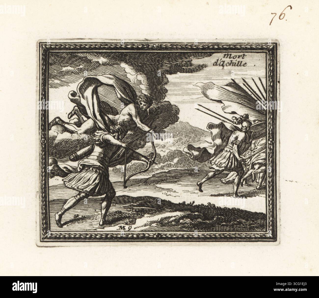 Apollon ordonnant à Paris de viser le talon d'Achille du héros grec alors qu'il court avec une légion de soldats. Pour venger la mort d'Hector, le prince troyen Paris tue Achille pendant la guerre de Troie. Le Dieu de la musique Apollon flotte sur un nuage et pointe vers la seule faiblesse d'Achille. Mort d'Achille. Gravure sur cuivre de Metamorphoses d’Ovide en Rondeaux, Metamorphoses d’Ovide, chez Audran, Paris, 1676. Banque D'Images