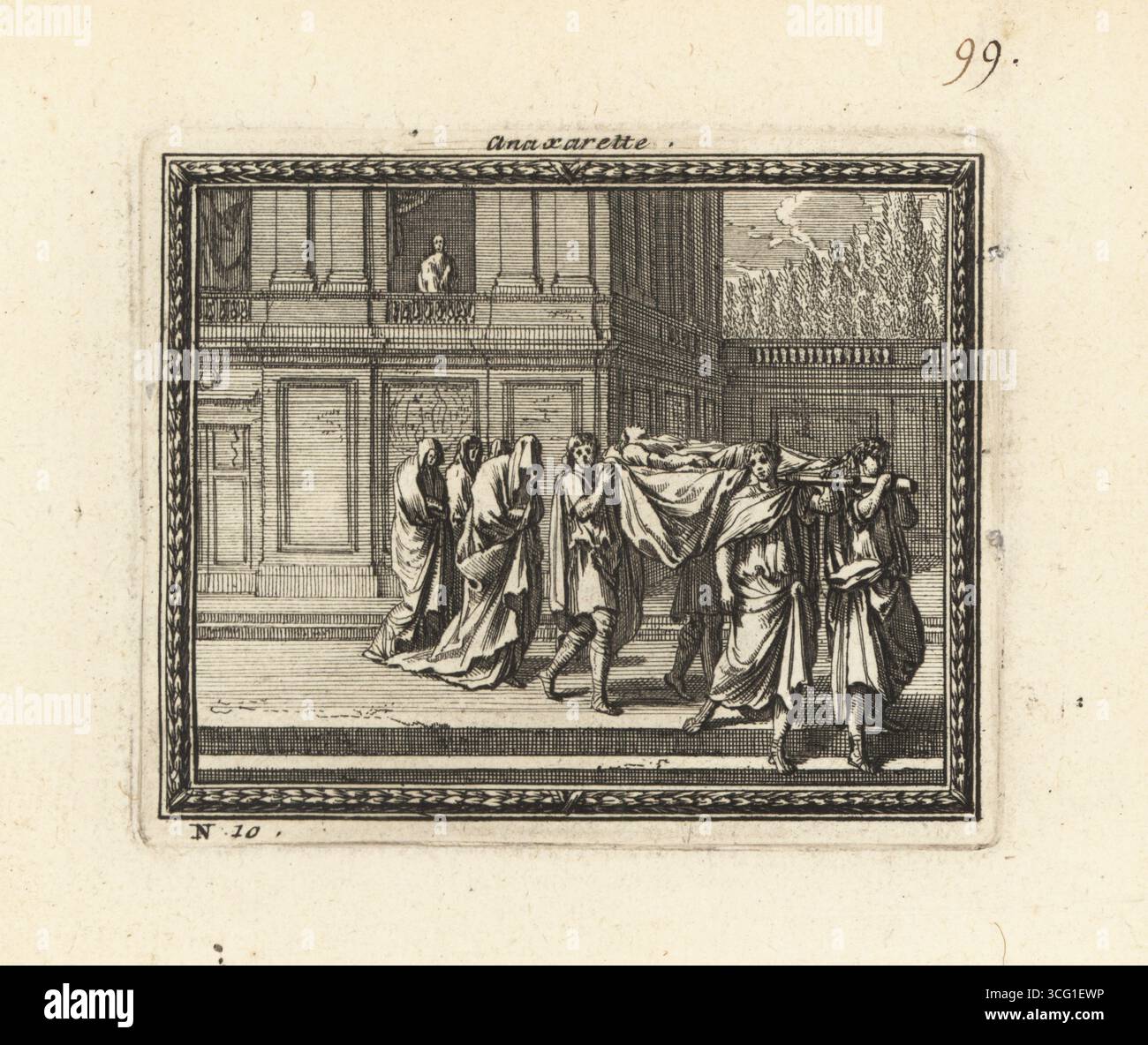 Anaxarete transformé en pierre aux funérailles d'Iphis quand le cadavre du jeune est emporté sur une portée. Anaxerete, princesse de Chypre, a repoussé l'amour d'un jeune homme appelé Iphis jusqu'à ce qu'il se suicide dans le désespoir. Quand elle se moqua de son cortège funéraire, Vénus la transforma en statue sur son balcon. Anaxarette en rocher. Gravure sur cuivre de Metamorphoses d’Ovide en Rondeaux, Metamorphoses d’Ovide, chez Audran, Paris, 1676. Banque D'Images