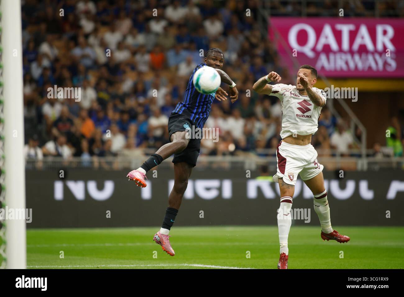 Milan, Turin. 25 août 2025. Marcus Thuram du FC Inter marquant un but lors de la saison 2025/26 de Serie A italienne, match de football entre le FC Inter et le Torino FC le 25 août 2025 au San Siro Stadium de Milan, Italie. Crédit : Nderim Kaceli/Alamy Live News Banque D'Images