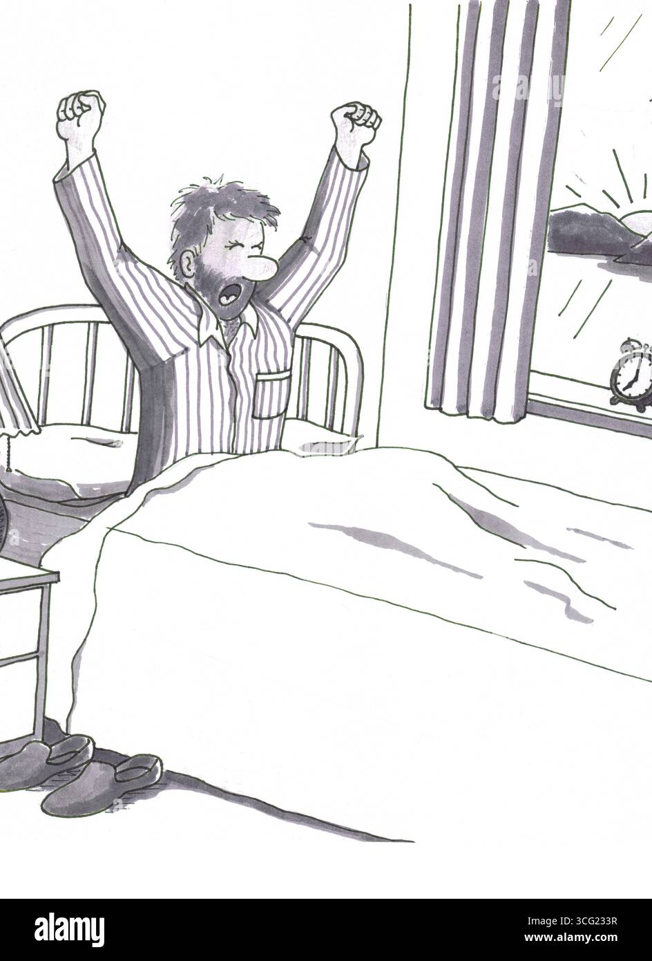 Adulte avec les bras levés réveillant le lit avec la fenêtre qui brille la lumière du soleil dans la chambre dans son pyjama. Tôt le matin alors que le soleil se lève, un homme se réveille Banque D'Images