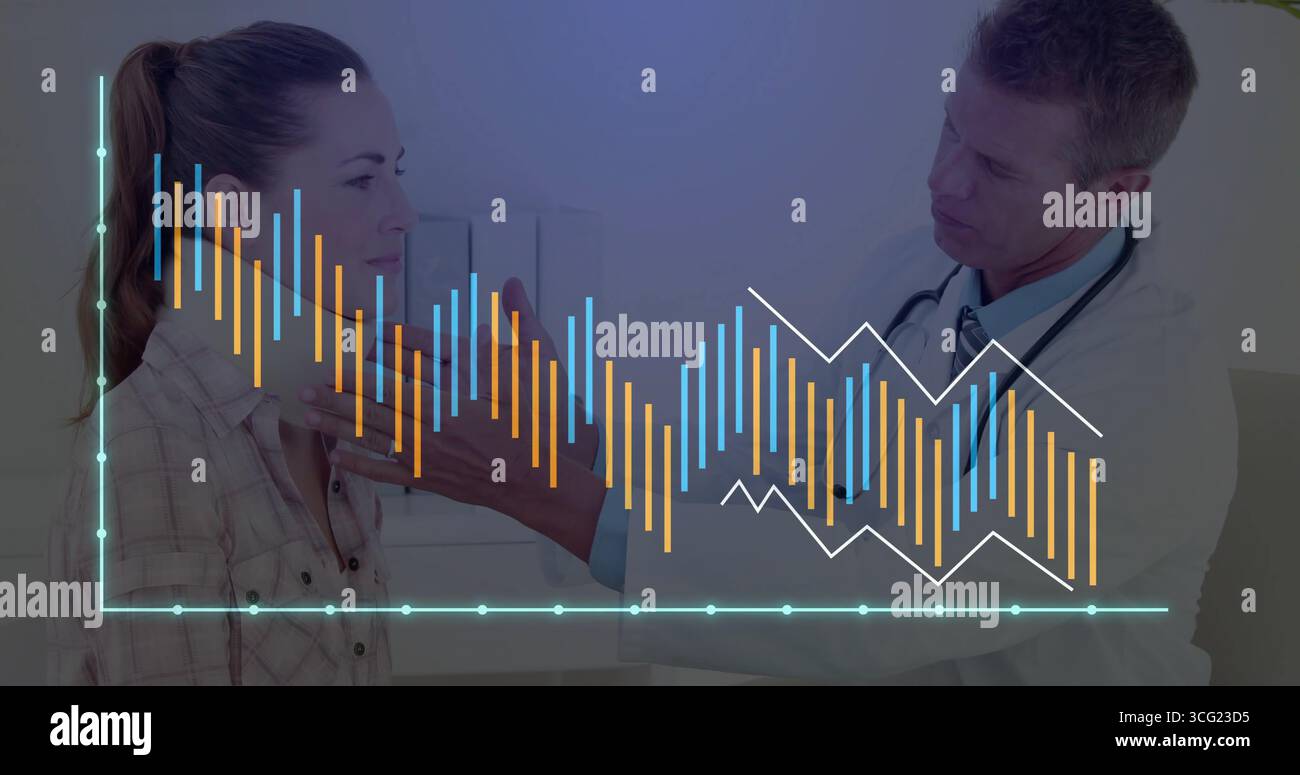Médecin en blouse blanche examinant la gorge du patient en clinique, avec stéthoscope et superposition de cartes Banque D'Images