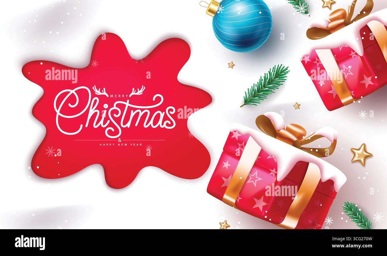 Voeux de Noël avec des boîtes-cadeaux enneigées, des ornements et un décor de vacances Illustration de Vecteur