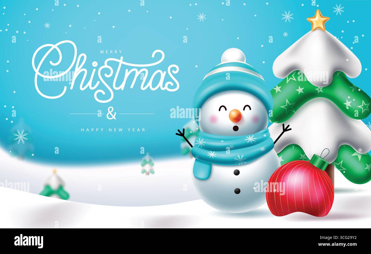 Clipart de Noël avec bonhomme de neige, arbre décoré et ornement des fêtes Illustration de Vecteur