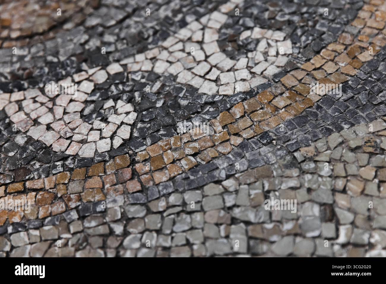 Mosaïque romaine antique affichant des motifs entrelacés de pierres colorées, mettant en valeur l'artisanat raffiné et la texture. Représente le patrimoine artistique et Banque D'Images