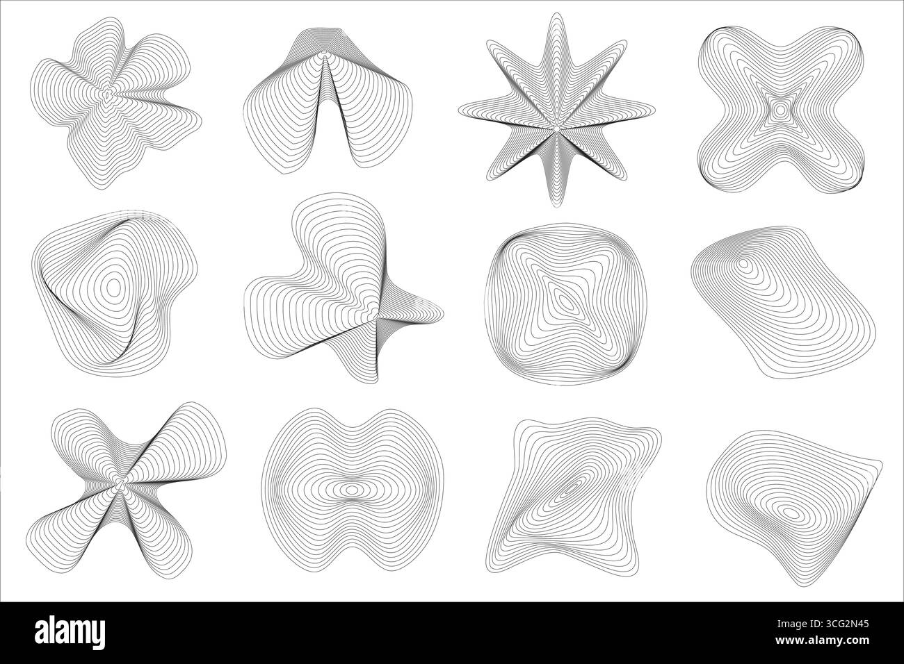 Formes organiques de motifs topographiques abstraits. Cercles concentriques ondulés sur fond blanc. Eléments liquides géographiques circulaires à contour fluide. Illustration de Vecteur