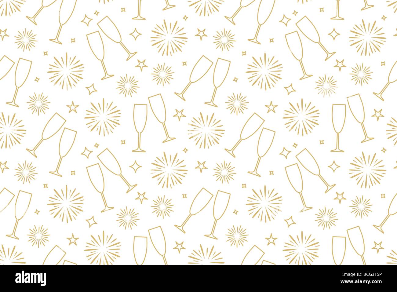 Motif doré sans couture de la Saint-Sylvestre avec des verres à champagne, des feux d'artifice et des étoiles-illustration vectorielle Illustration de Vecteur