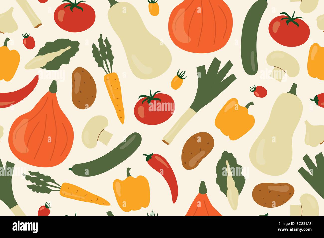 motif végétal sans couture coloré : concombre, citrouille, poireau, piment, poivre, ail, courgettes, pomme de terre, carotte, tomate, laitue- vecteur illustr Illustration de Vecteur
