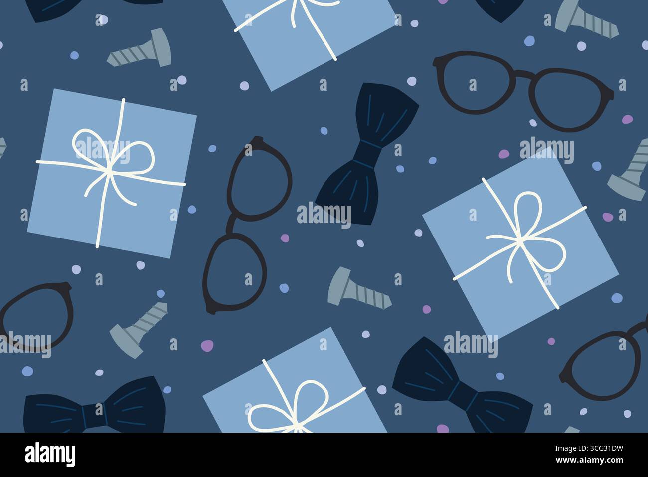 Motif sans couture de fête des pères avec présent, noeud papillon, lunettes, icônes de vis-illustration vectorielle Illustration de Vecteur