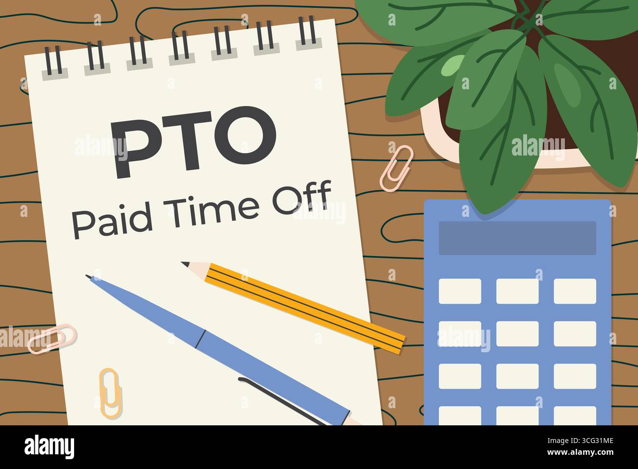 PTO, congé rémunéré écrit dans un cahier en spirale ; peut être utilisé dans les documents liés aux RH ; promouvoir les congés gagnés pour la santé et le bien-être - vecteur i Illustration de Vecteur