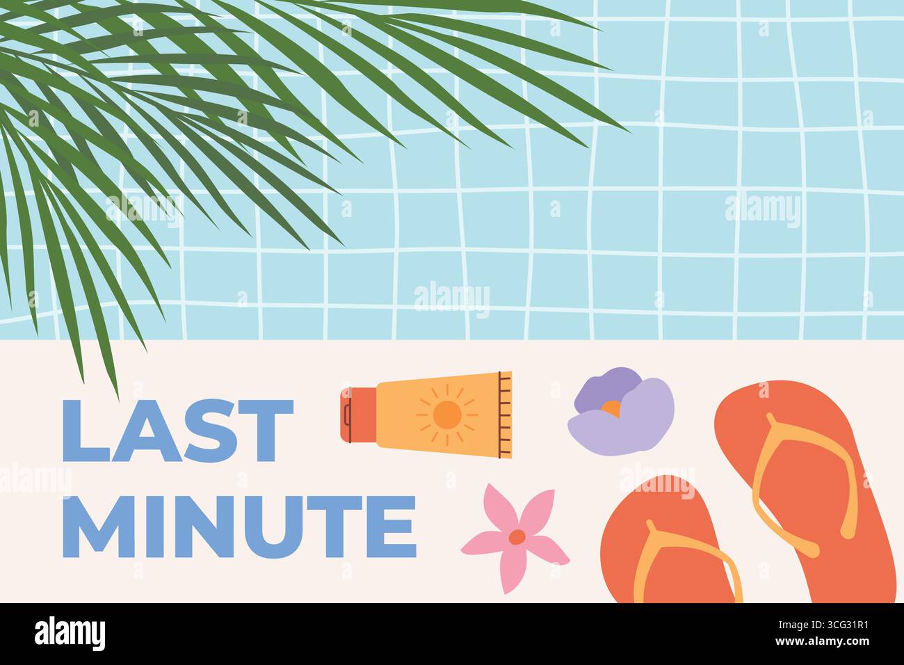 Dernière minute écrit sur la terrasse de la piscine ; visuel parfait pour les promotions de voyage, les offres de vacances, les matériaux marketing sur le thème de l'été - illustration vectorielle Illustration de Vecteur