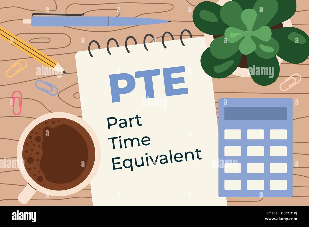PTE équivalent temps partiel écrit dans un cahier sur un bureau en bois ; idéal pour les ressources humaines, l'emploi, ou l'illustration vectorielle liée à l'entreprise Illustration de Vecteur