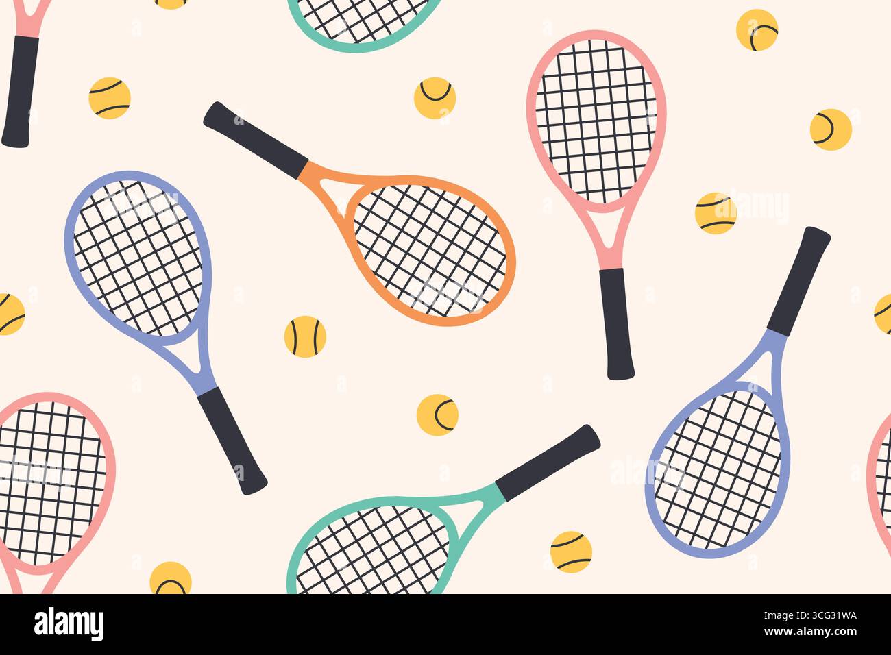 motif coloré de raquettes et balles de tennis sans couture ; parfait pour les textiles sur le thème du sport, les vêtements pour enfants, les papiers peints, le papier d'emballage ou le style de vie actif Illustration de Vecteur
