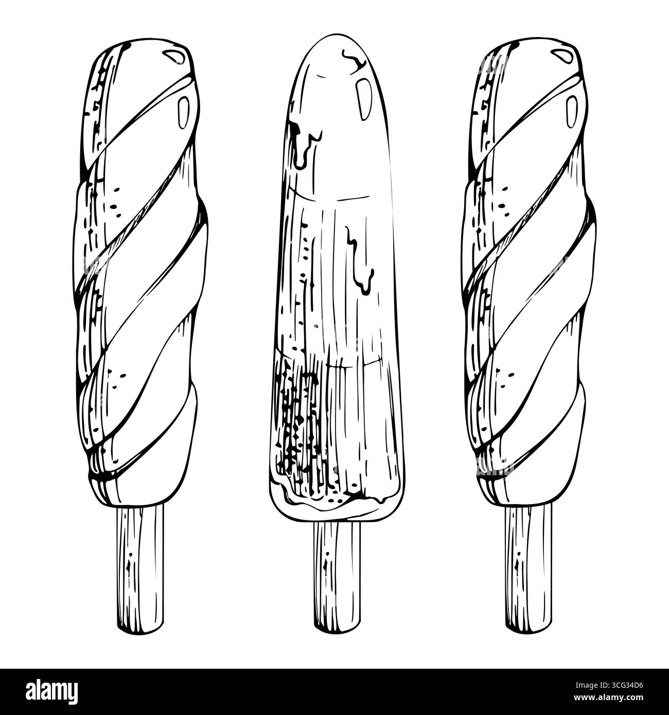 Bâton de popsicle glacé avec forme de tourbillon visible et gouttes d'eau, gâterie rafraîchissante d'été dessinée à la main à l'encre. Illustration graphique vectorielle, ligne Illustration de Vecteur