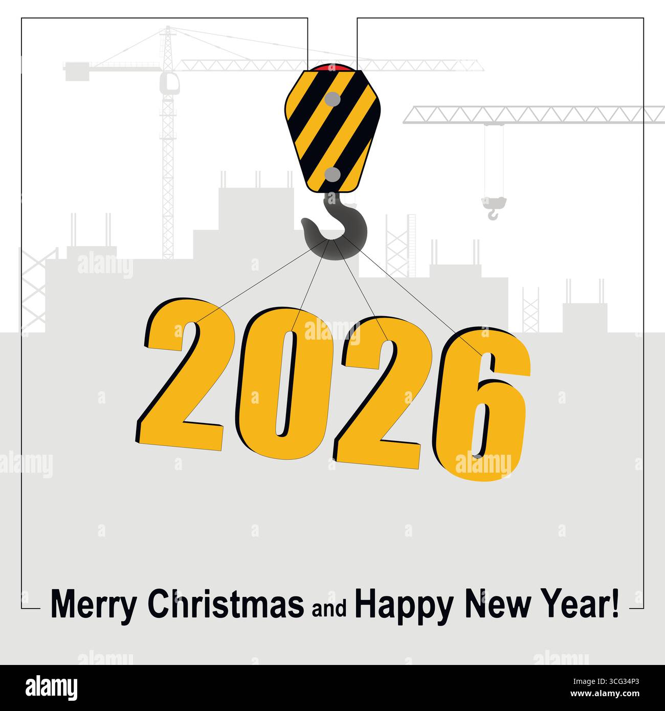 Bonne année et joyeux Noël. Une grue soulève le symbole de 2026 sur fond de chantier. Illustration de Vecteur
