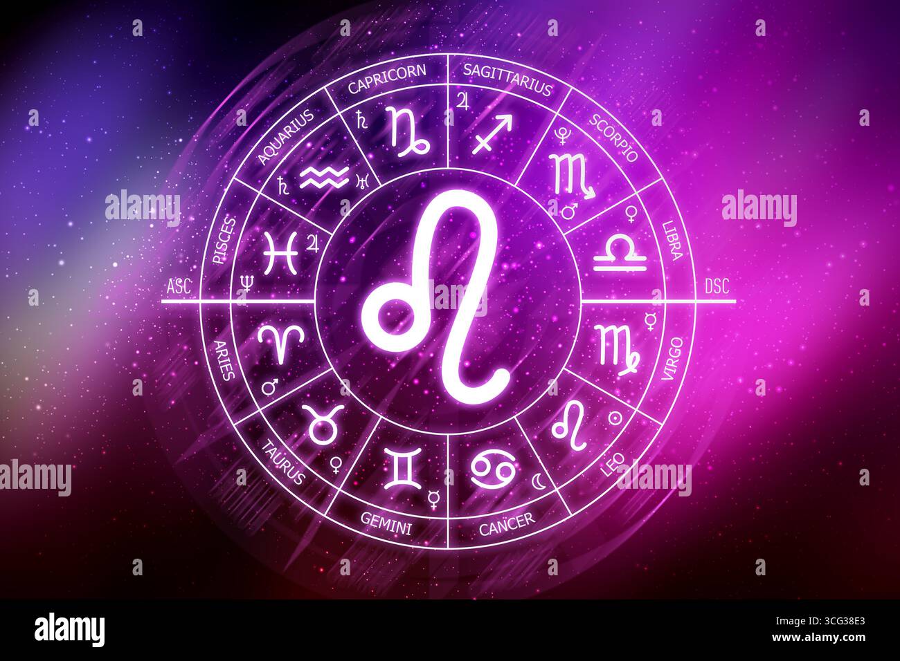 Signe du zodiaque Léo. Icône Leo sur fond d'espace bleu. Cercle zodiaque sur un fond bleu foncé de l'espace. Astrologie. Cosmogramme. douze signes du zo Banque D'Images
