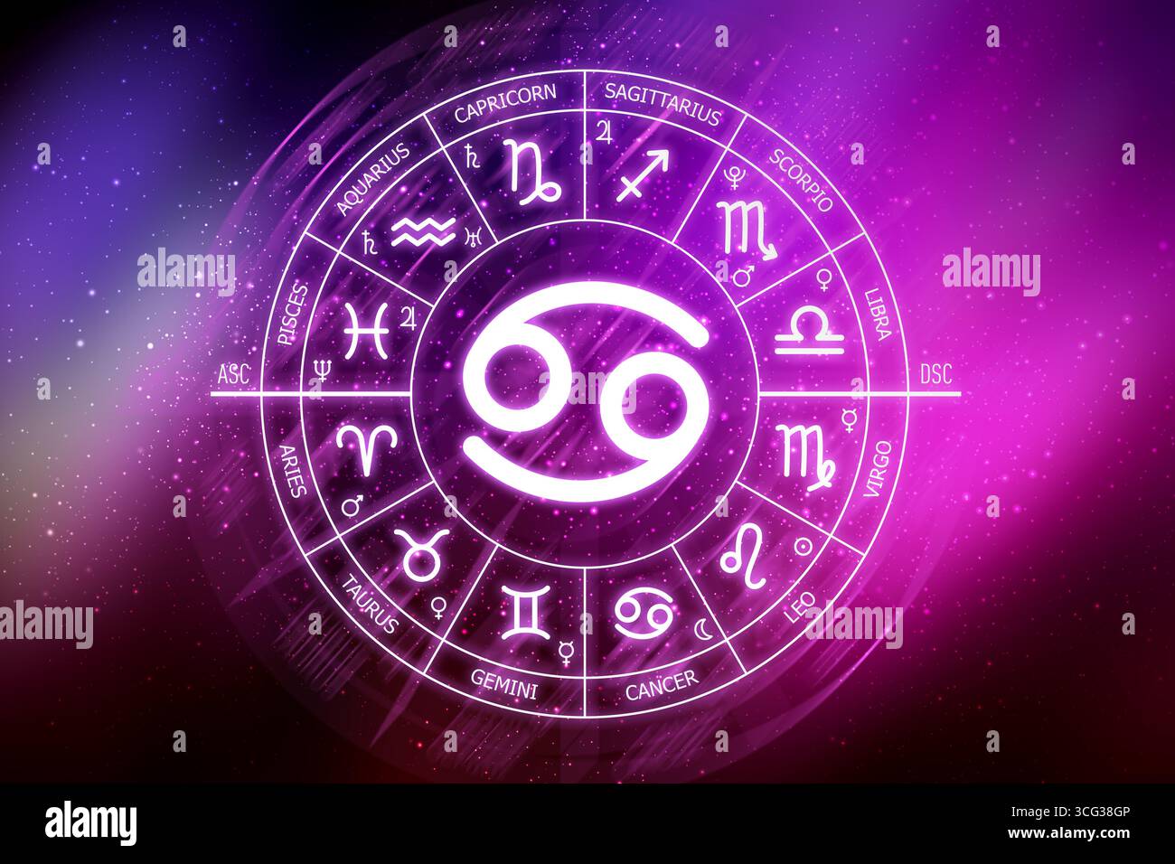 Signe du zodiaque du cancer. Icône de cancer sur fond d'espace bleu. Cercle zodiaque sur un fond bleu foncé de l'espace. Astrologie. Cosmogramme. douze signes de Banque D'Images