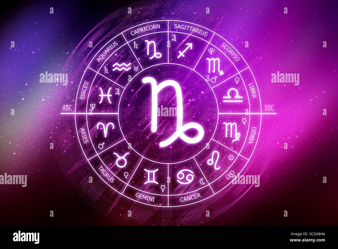 Signe du zodiaque du Capricorne. Icône Capricorne sur fond d'espace bleu. Cercle zodiaque sur un fond bleu foncé de l'espace. Astrologie. Cosmogramme. douze sig Banque D'Images