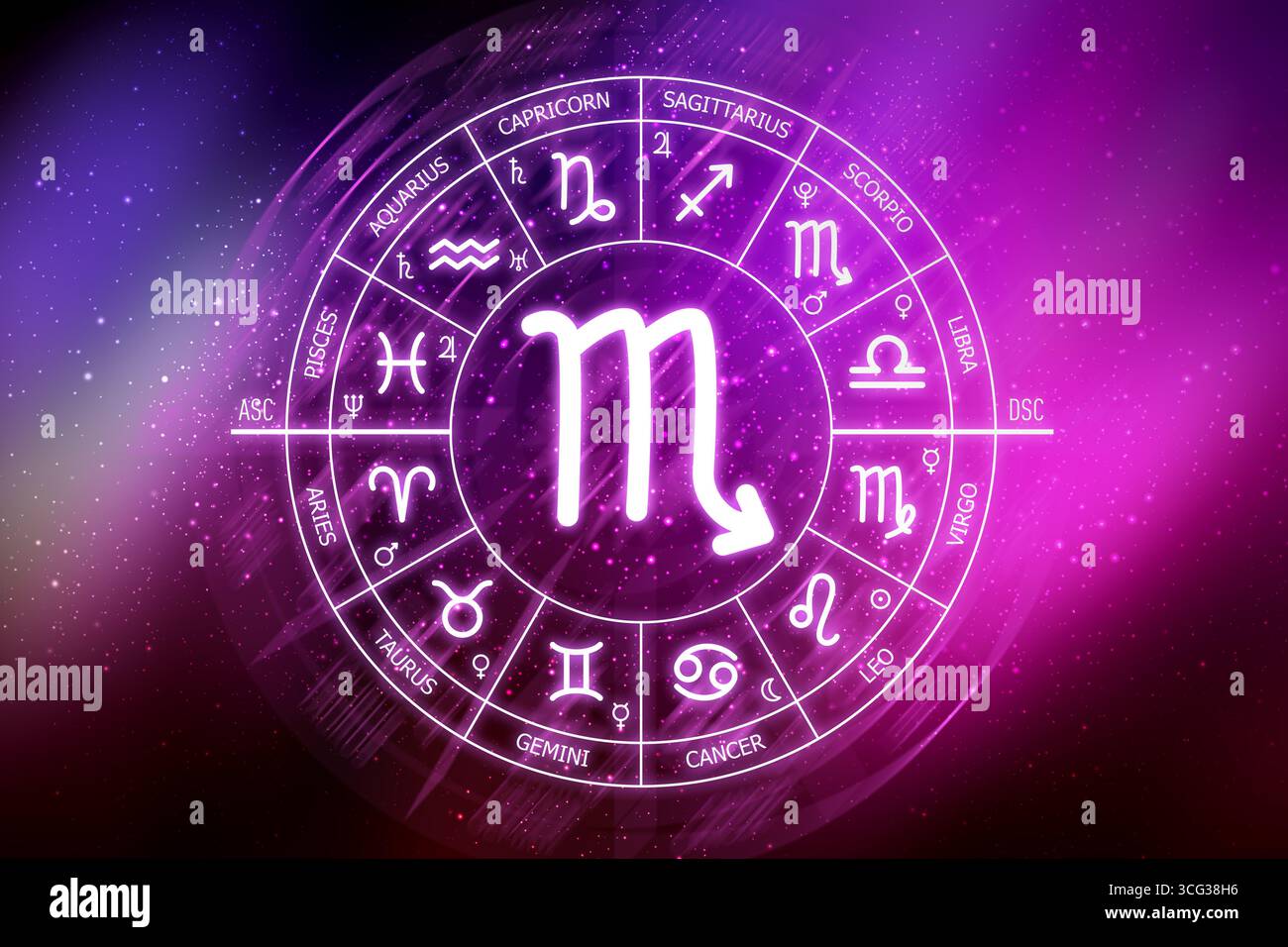 Signe du zodiaque du Scorpion. Icône Scorpion sur fond d'espace bleu. Cercle zodiaque sur un fond bleu foncé de l'espace. Astrologie. Cosmogramme. douze signes o Banque D'Images