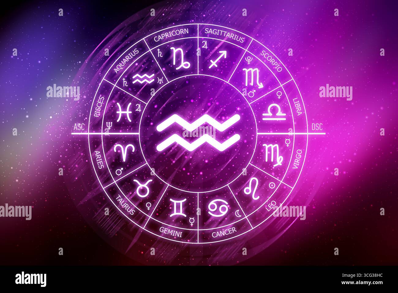 Signe du zodiaque Aquarius. Icône Aquarius sur fond d'espace bleu. Cercle zodiaque sur un fond bleu foncé de l'espace. Astrologie. Cosmogramme. douze signes Banque D'Images