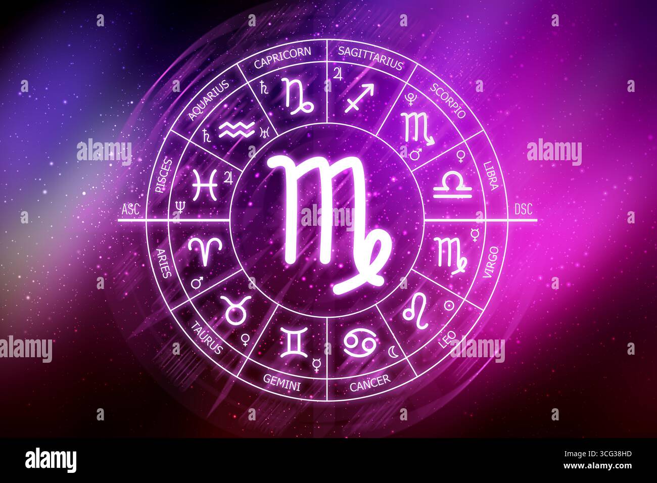 Signe du zodiaque Vierge. Icône Vierge sur fond d'espace bleu. Cercle zodiaque sur un fond bleu foncé de l'espace. Astrologie. Cosmogramme. douze signes de th Banque D'Images