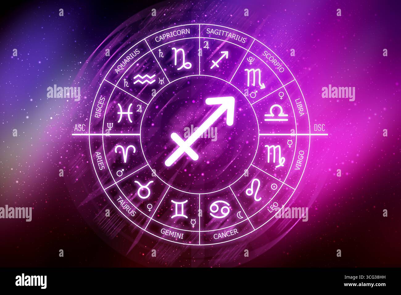 Signe du zodiaque du Sagittaire. Icône Sagittaire sur fond d'espace bleu. Cercle zodiaque sur un fond bleu foncé de l'espace. Astrologie. Banque D'Images