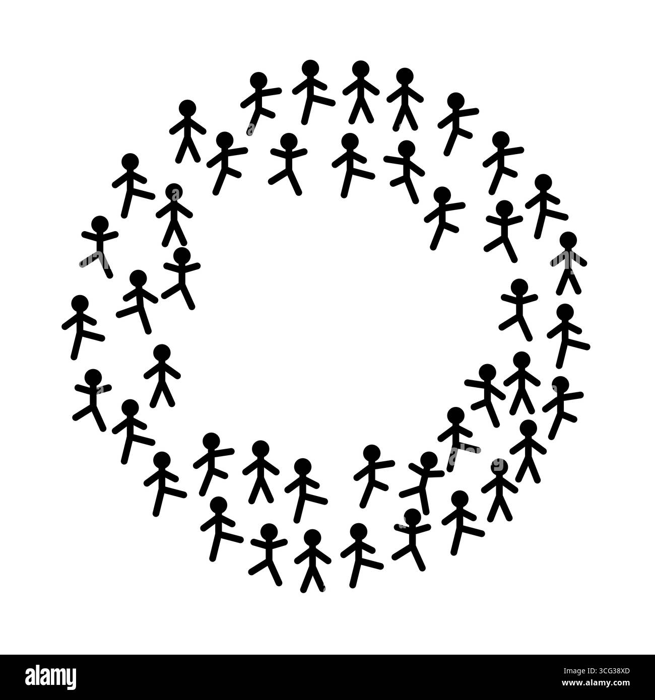 illustration vectorielle en noir et blanc représentant un groupe de figures de bâton simples disposées en une formation circulaire, orientées vers l'intérieur vers le centre Illustration de Vecteur