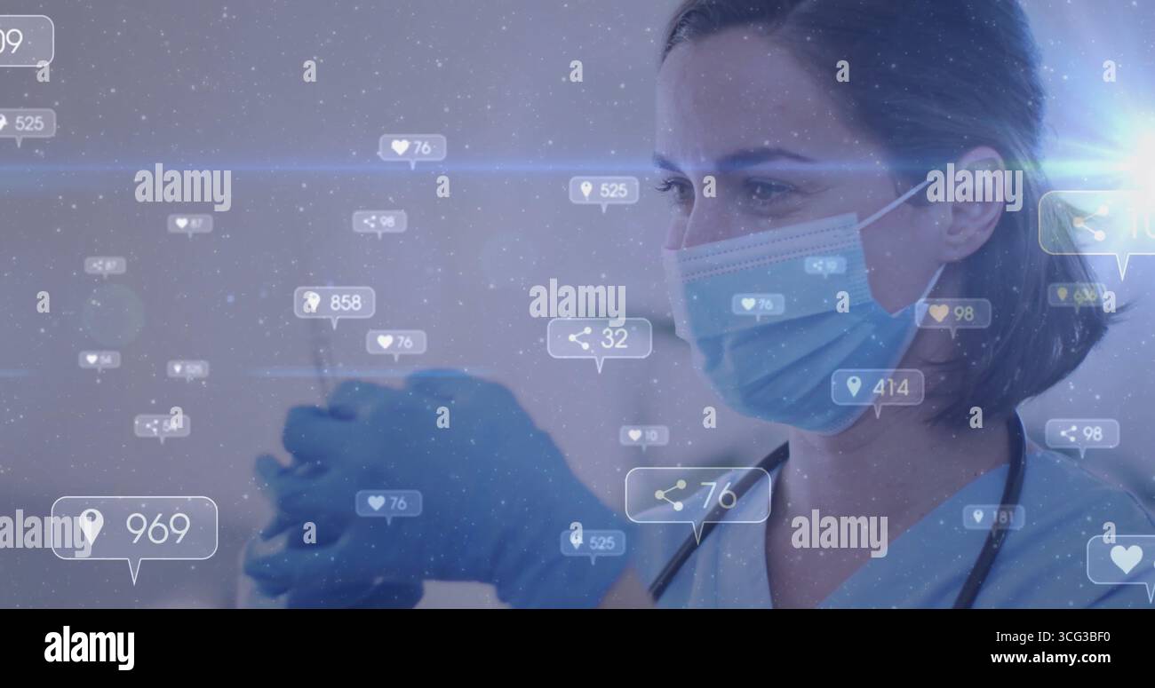 Préparation du médecin portant un masque, des gants, une seringue de préhension de stéthoscope et un flacon en clinique, copier l'espace Banque D'Images