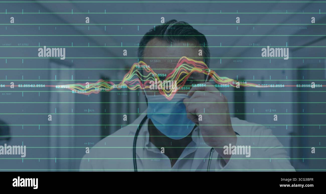 Médecin portant une blouse de laboratoire et un masque de réglage du stéthoscope dans le couloir de l'hôpital, avec grille et forme d'onde Banque D'Images