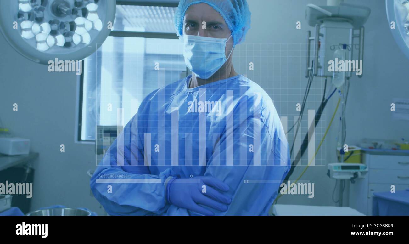Chirurgien debout portant une robe bleue, masque sous lumières dans la salle chirurgicale, avec superposition de graphique à barres Banque D'Images