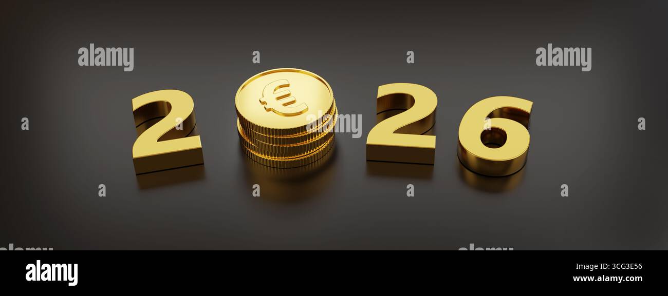 Année 2026 en trois dimensions avec des pièces en euros. Concept du nouvel an. illustration 3d. Banque D'Images