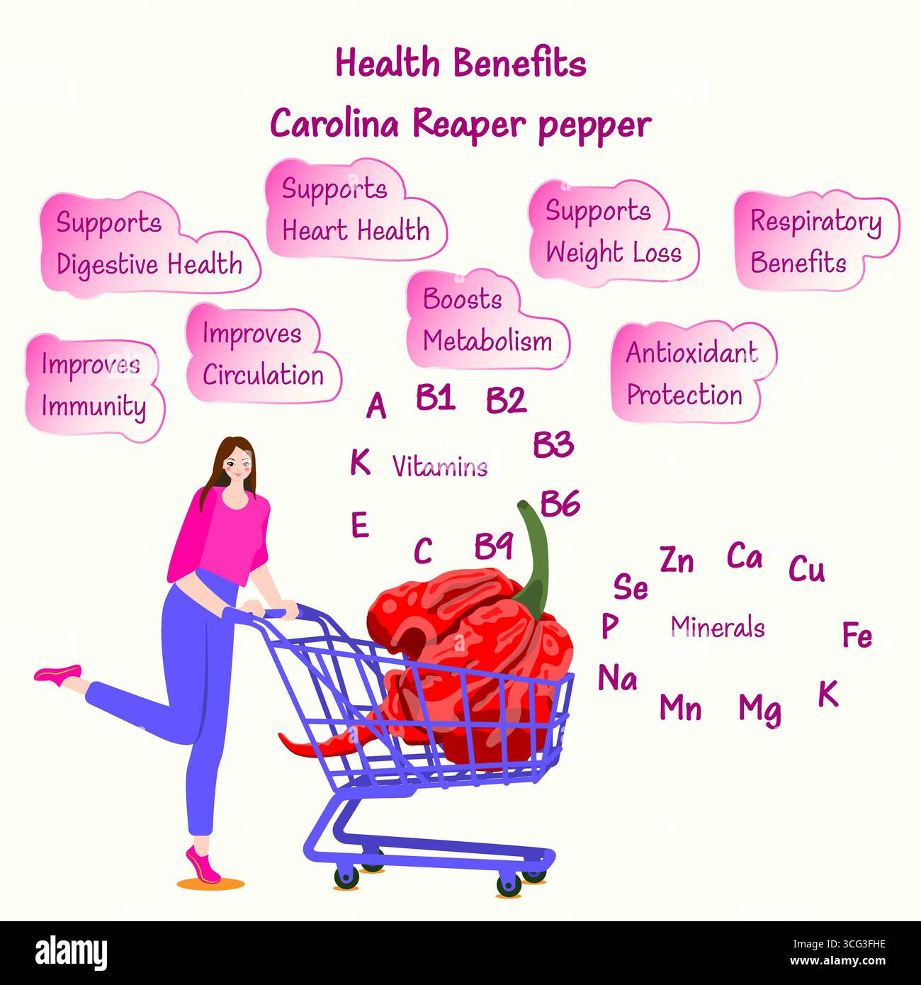Bienfaits pour la santé et nutriments des poivrons Carolina Reaper ou HP22B. Piments. . Femme tenant chariot de poivrons. Illustration vectorielle isolée. Illustration de Vecteur