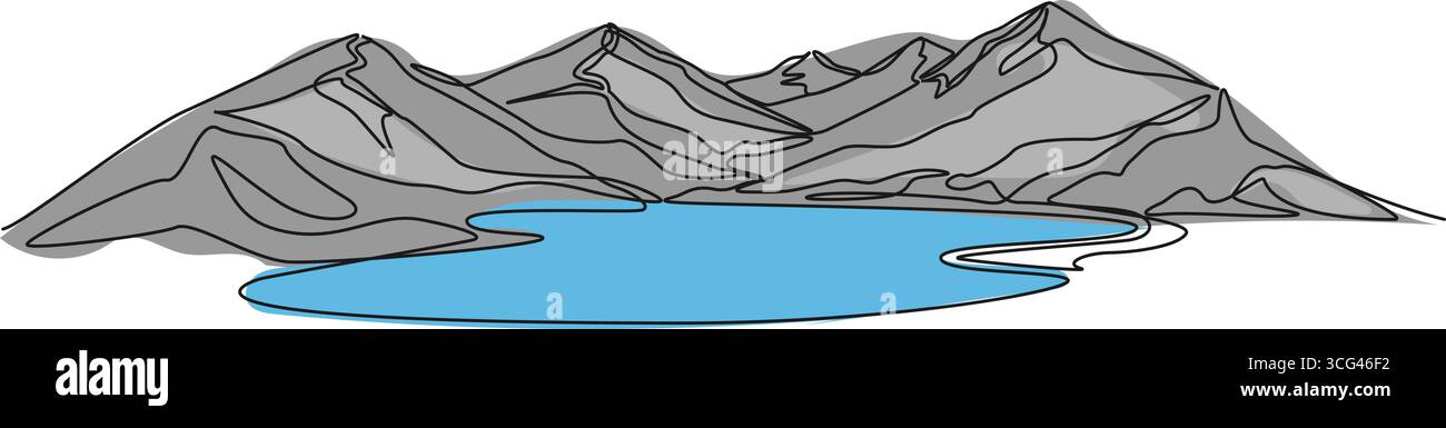 dessin en ligne simple continu de paysage de montagne avec lac au premier plan, illustration vectorielle d'art au trait Illustration de Vecteur