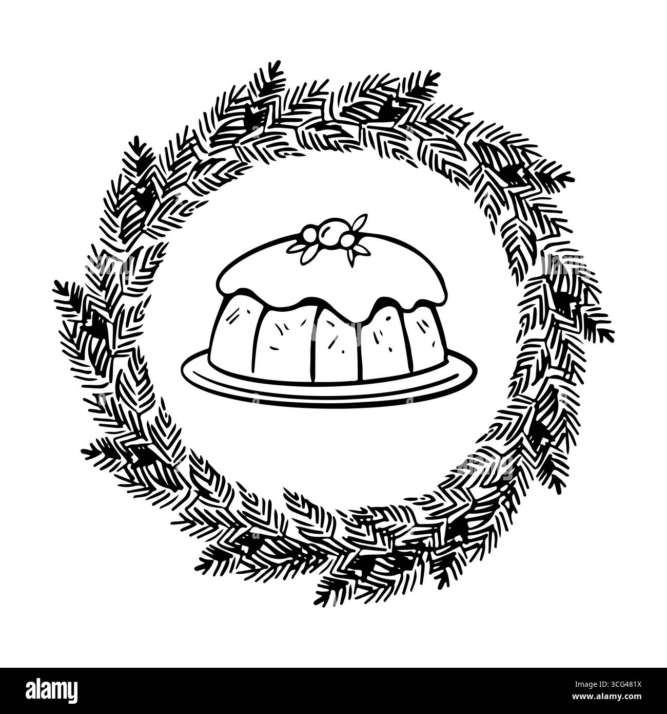 Illustration graphique du gâteau de Noël dans une couronne de branches de sapin. Tarte des vacances d'hiver. Cadre de Noël rond de branches de sapin. Pudding festif. Dessin vectoriel monochrome sur un fond blanc. Illustration rétro pour cartes, invitations, menus et affiches. Illustration de Vecteur
