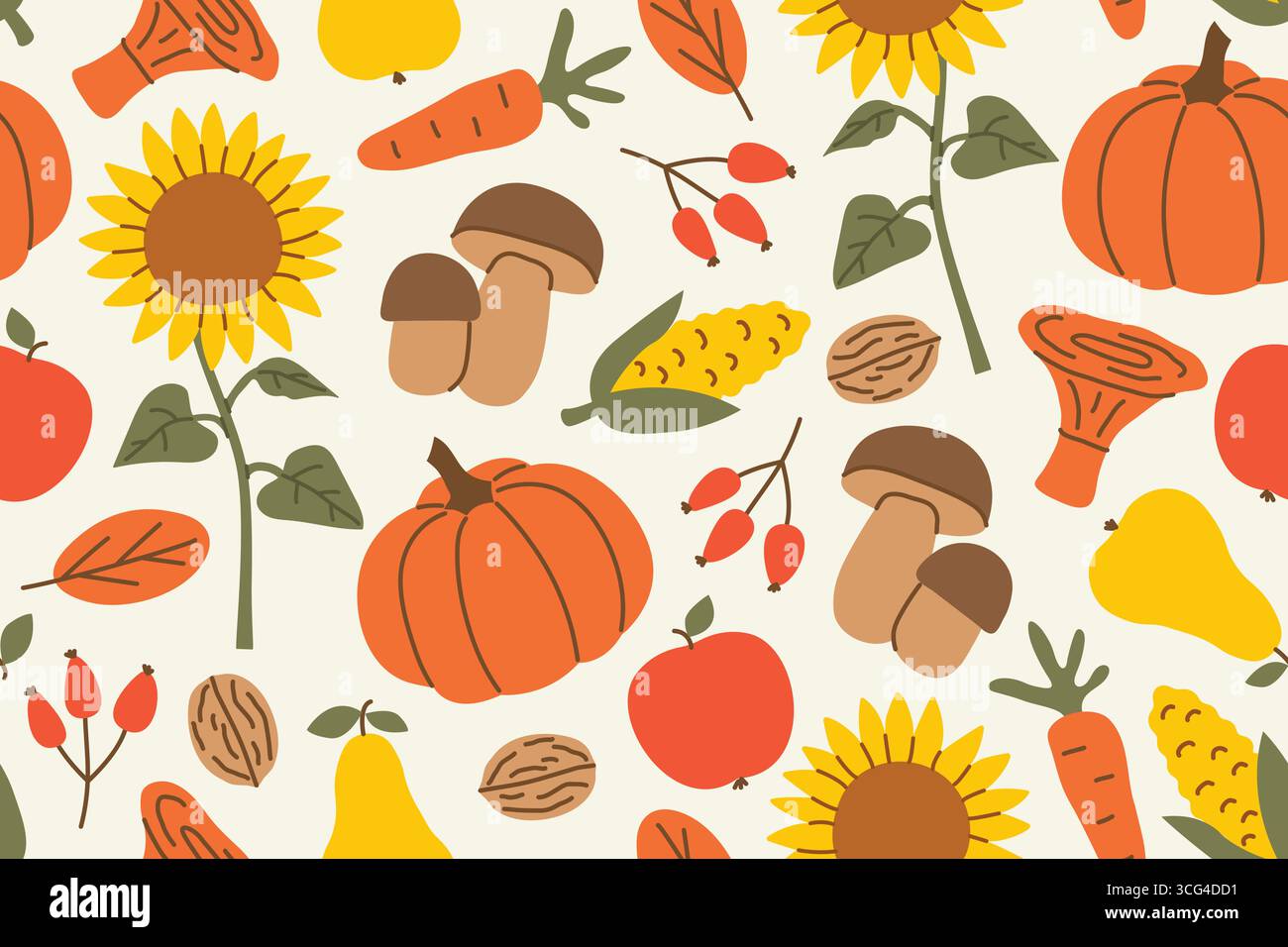 Thanksgiving, modèle sans couture d'automne avec des feuilles, tournesols, citrouilles, maïs, champignons, fruits, parfait pour les salutations de vacances, invitation de fête Illustration de Vecteur