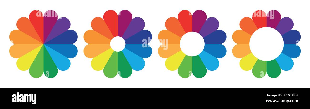 Jeu de palettes de couleurs ou diagrammes de diagramme de roue de couleurs, élément rond de palette arc-en-ciel, spectre de roue de couleurs pour la sélection de couleurs ou signe de tranche de segment. Illustration de Vecteur Jeu de palettes de couleurs ou diagrammes de diagramme de roue de couleurs, élément rond de palette arc-en-ciel, spectre de roue de couleurs pour la sélection de couleurs ou signe de tranche de segment. Illustration de Vecteur